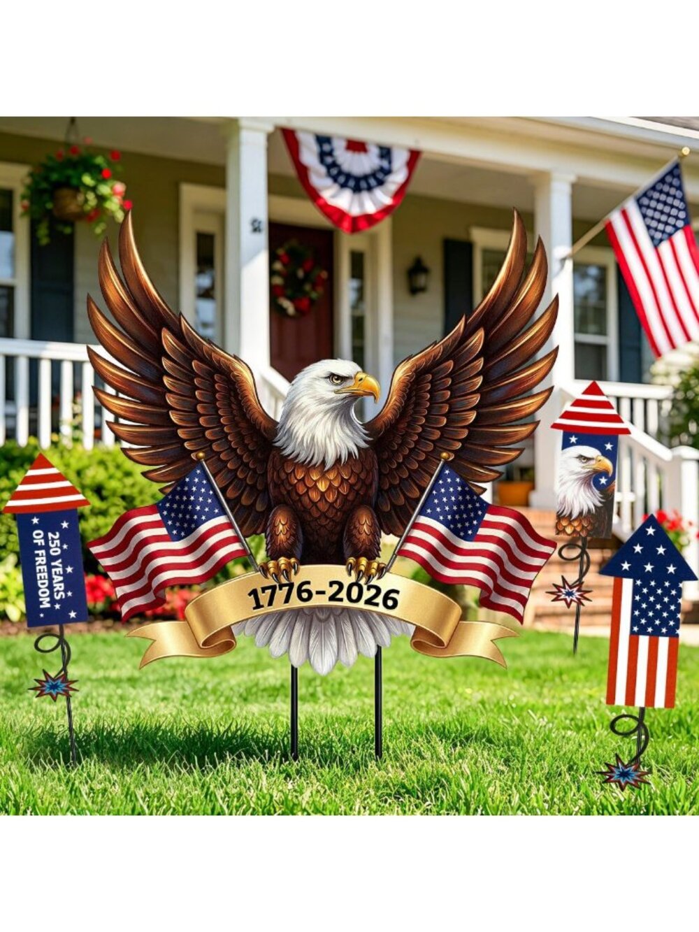Patriotic 4th of July Yard Signs - Metal Garden Stakes with Eagle & Fireworks